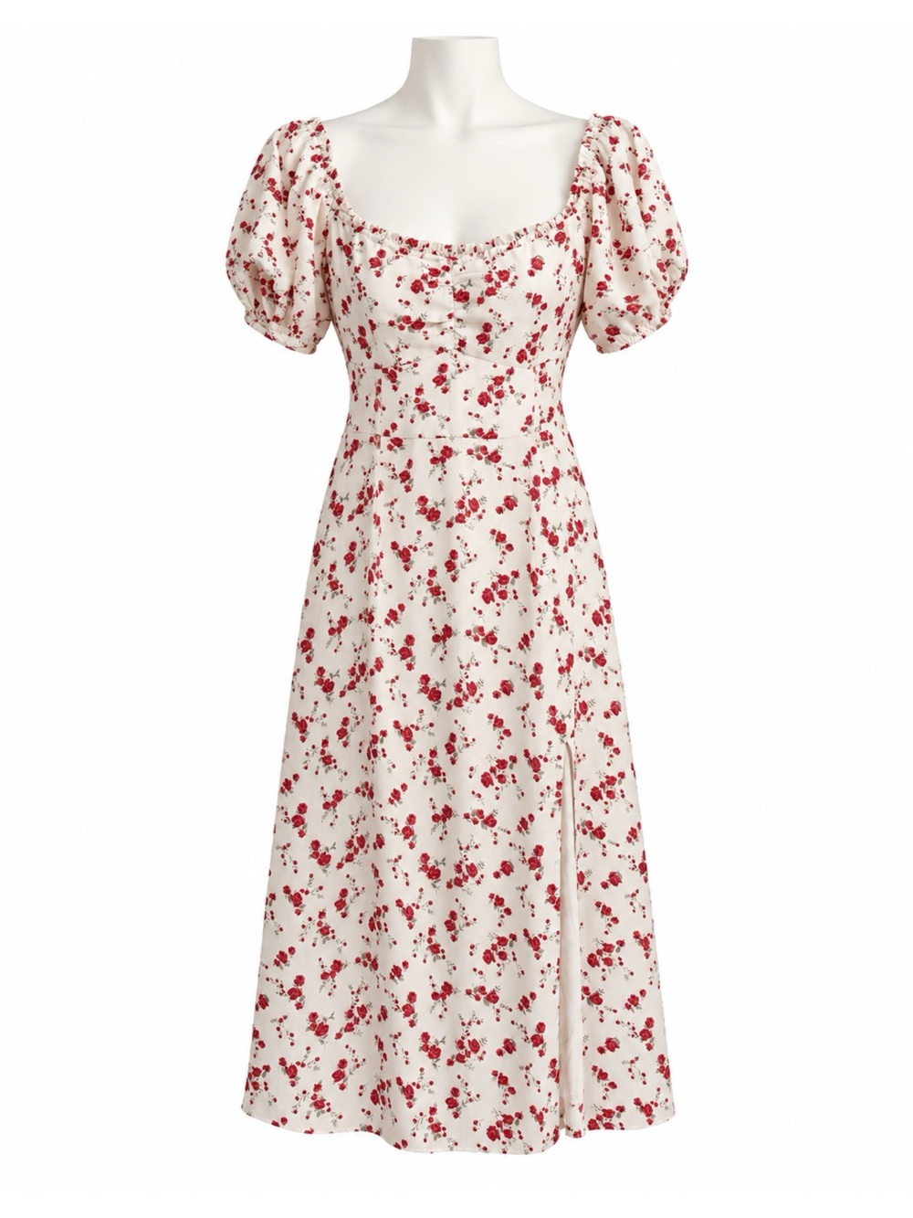 Size XL Hollister Women’s Floral Puff Sleeve Midi Dress Ivory Red Roses Slit